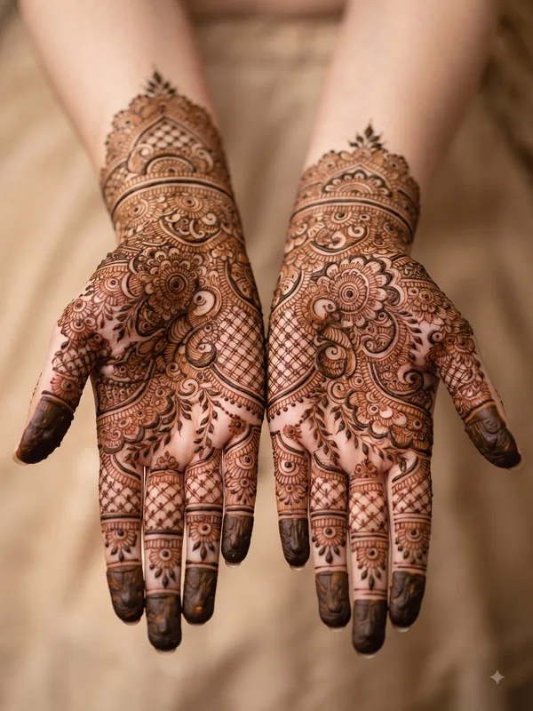 15 Beautiful Bridal Mehndi Designs for Full Hands 5 latest bridal mehndi designs for full hands featuring traditional, peacock, mandala, Arabic, jaali, floral, Rajasthani, Pakistani, and dulha dulhan patterns.