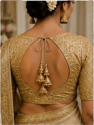 9 Beautiful Blouse Back Neck Designs for Hariyali Teej 2026 12 Beautiful Hariyali Teej blouse back neck designs with dori, tassels, embroidery, button, and lace-up patterns for festive saree styling.