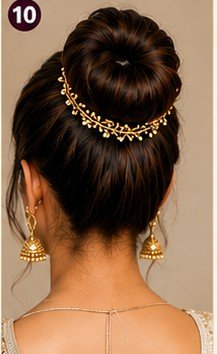10 elegant bun hairstyles for women featuring low messy bun, sleek bun, floral bun, braided bun, twisted pearl bun, side swept bun, and high bun for weddings and festive occasions.