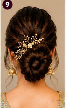 10 elegant bun hairstyles for women featuring low messy bun, sleek bun, floral bun, braided bun, twisted pearl bun, side swept bun, and high bun for weddings and festive occasions.