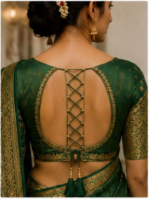 9 beautiful green blouse back designs featuring round dori, keyhole, lace-up, scalloped, ruffle, and criss-cross styles for sarees.