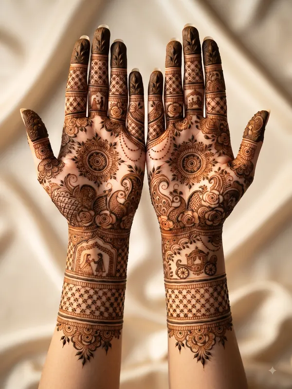 15 Beautiful Bridal Mehndi Designs for Full Hands 18 latest bridal mehndi designs for full hands featuring traditional, peacock, mandala, Arabic, jaali, floral, Rajasthani, Pakistani, and dulha dulhan patterns.