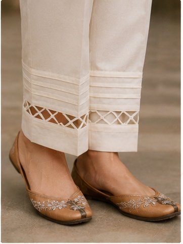 Trousers Designs: 9 Stylish Pant Mohri Designs for Women to Try in 2026 6 9 stylish pant mohri designs featuring scalloped lace, layered cutwork, pleated cuffs, diamond lace, V-cut pleats, pintuck lace, floral lace, and chevron cuts.