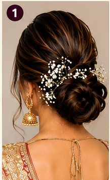10 elegant bun hairstyles for women featuring low messy bun, sleek bun, floral bun, braided bun, twisted pearl bun, side swept bun, and high bun for weddings and festive occasions.