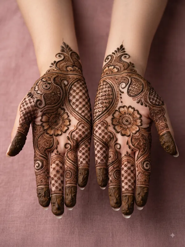 15 Beautiful Bridal Mehndi Designs for Full Hands 13 latest bridal mehndi designs for full hands featuring traditional, peacock, mandala, Arabic, jaali, floral, Rajasthani, Pakistani, and dulha dulhan patterns.