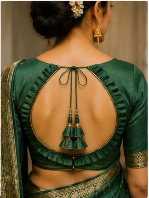 9 beautiful green blouse back designs featuring round dori, keyhole, lace-up, scalloped, ruffle, and criss-cross styles for sarees.