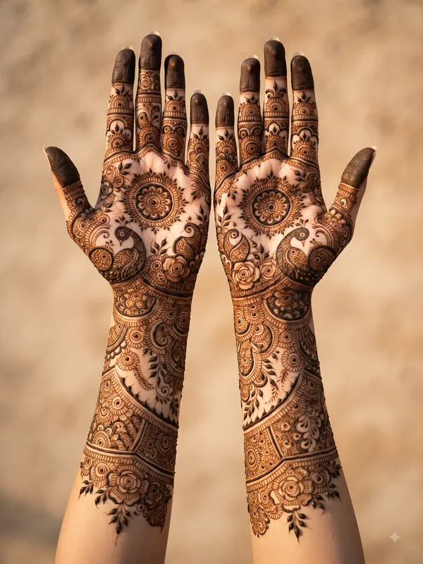15 Beautiful Bridal Mehndi Designs for Full Hands 6 latest bridal mehndi designs for full hands featuring traditional, peacock, mandala, Arabic, jaali, floral, Rajasthani, Pakistani, and dulha dulhan patterns.