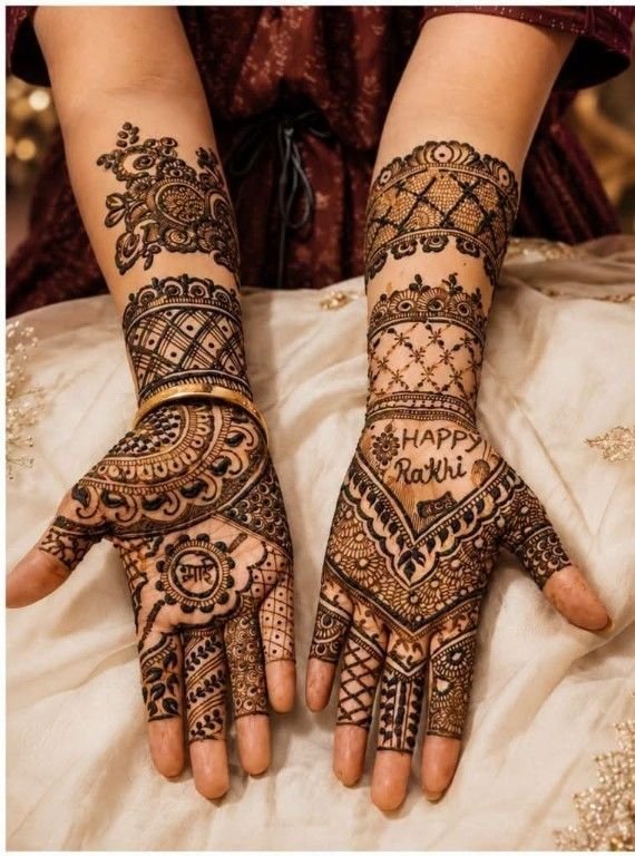 25 Latest Raksha Bandhan Mehndi Designs 2026 for Front & Back Hands 11 Latest Raksha Bandhan mehndi designs featuring simple back hand, Arabic, floral, mandala, bracelet, and full-hand henna patterns for women in 2026.