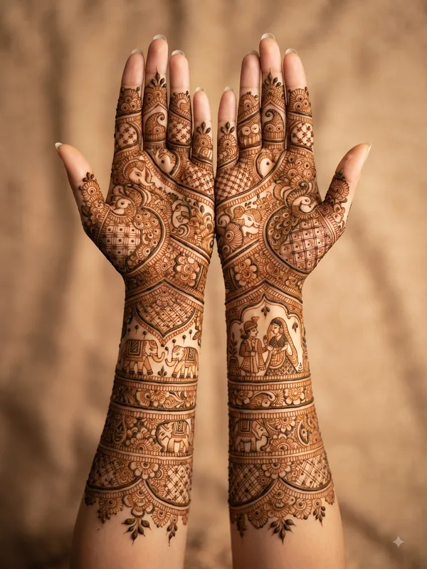 15 Beautiful Bridal Mehndi Designs for Full Hands 12 latest bridal mehndi designs for full hands featuring traditional, peacock, mandala, Arabic, jaali, floral, Rajasthani, Pakistani, and dulha dulhan patterns.