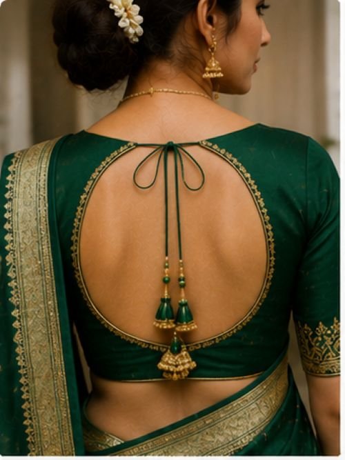 9 beautiful green blouse back designs featuring round dori, keyhole, lace-up, scalloped, ruffle, and criss-cross styles for sarees.