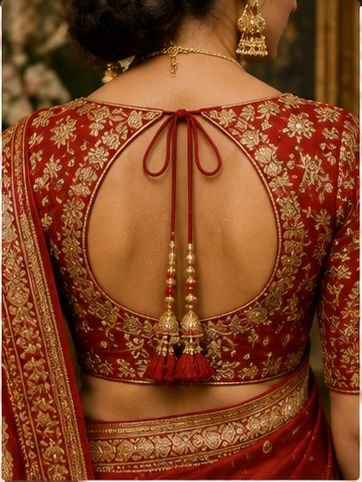 9 Beautiful Blouse Back Neck Designs for Hariyali Teej 2026 6 Beautiful Hariyali Teej blouse back neck designs with dori, tassels, embroidery, button, and lace-up patterns for festive saree styling.
