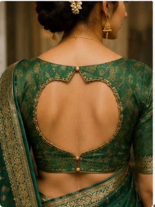 9 beautiful green blouse back designs featuring round dori, keyhole, lace-up, scalloped, ruffle, and criss-cross styles for sarees.