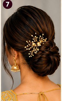 10 elegant bun hairstyles for women featuring low messy bun, sleek bun, floral bun, braided bun, twisted pearl bun, side swept bun, and high bun for weddings and festive occasions.