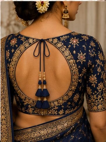 9 Beautiful Blouse Back Neck Designs for Hariyali Teej 2026 16 Beautiful Hariyali Teej blouse back neck designs with dori, tassels, embroidery, button, and lace-up patterns for festive saree styling.