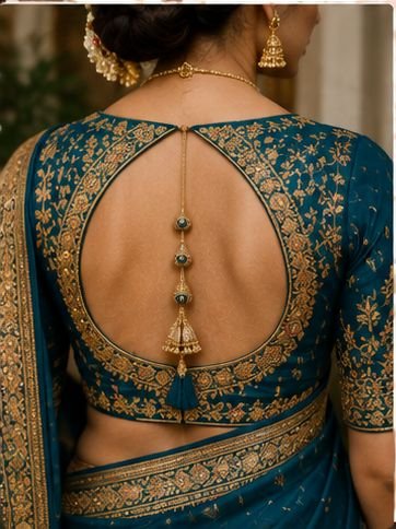 9 Beautiful Blouse Back Neck Designs for Hariyali Teej 2026 14 Beautiful Hariyali Teej blouse back neck designs with dori, tassels, embroidery, button, and lace-up patterns for festive saree styling.