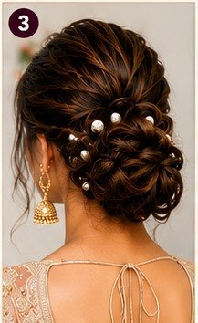 10 elegant bun hairstyles for women featuring low messy bun, sleek bun, floral bun, braided bun, twisted pearl bun, side swept bun, and high bun for weddings and festive occasions.