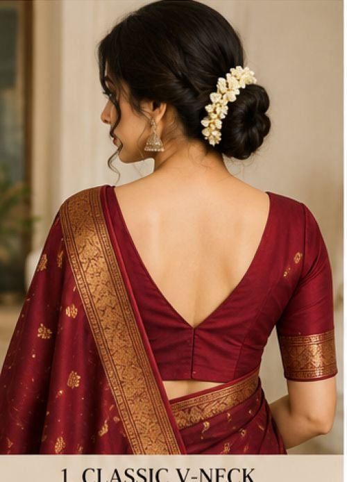 V-Neck Blouse Designs for Elegant Wedding and Festive Looks in 2026 5 V-Neck Blouse Designs, V-Neck Blouse Designs 2026, V-Neck Blouse for Saree, V-Neck Blouse Back Designs, Designer Blouse Designs, Latest Blouse Designs, Saree Blouse Designs, Deep V-Neck Blouse, Bridal Blouse Designs, Party Wear Blouse