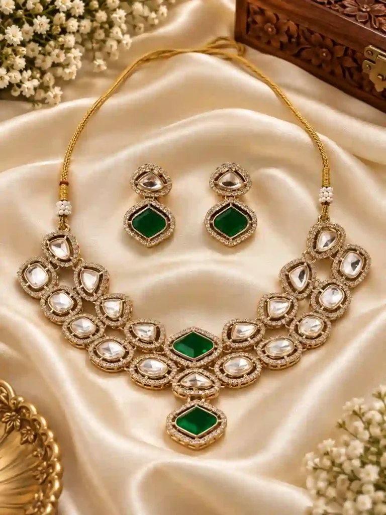Choker Necklace Set for Women: Wedding और Festive Look के लिए खूबसूरत Necklace Set Designs 10 Green Kundan Jewellery Set