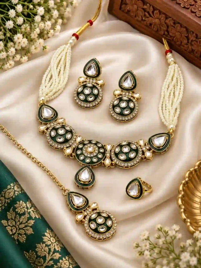 Choker Necklace Set for Women: Wedding और Festive Look के लिए खूबसूरत Necklace Set Designs 11 Emerald Green Meenakari & Kundan Jewellery Set