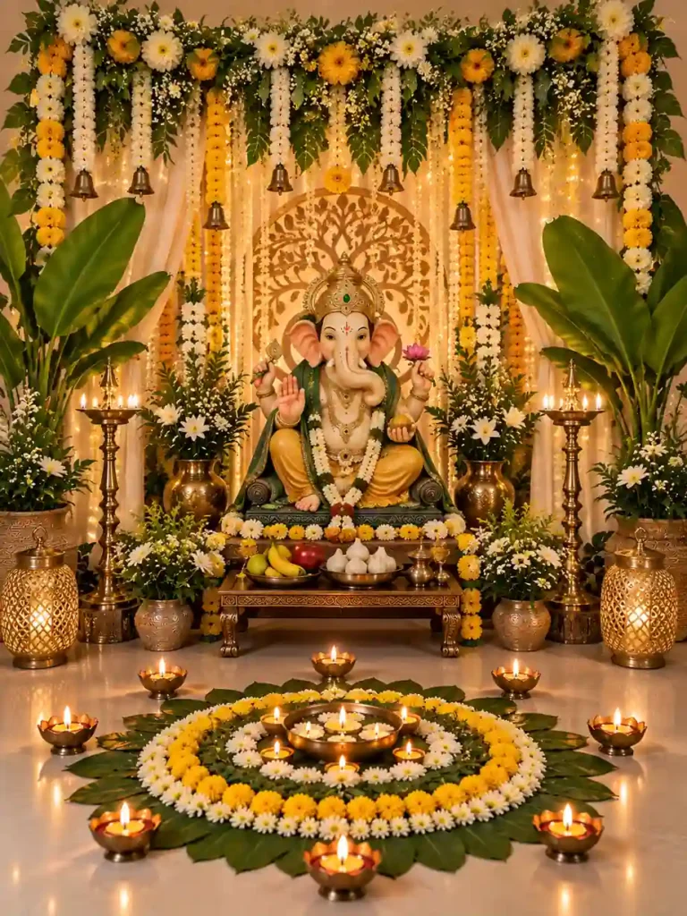 Ganesh Chaturthi Decoration Ideas 2026: घर पर ऐसे सजाएं Ganpati Mandap 12 Beautiful Ganesh Chaturthi decoration ideas with flowers, diyas and rangoli at home