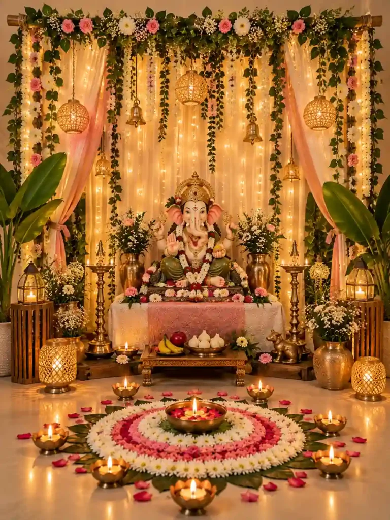 Ganesh Chaturthi Decoration Ideas 2026: घर पर ऐसे सजाएं Ganpati Mandap 8 Beautiful Ganesh Chaturthi decoration ideas with flowers, diyas and rangoli at home