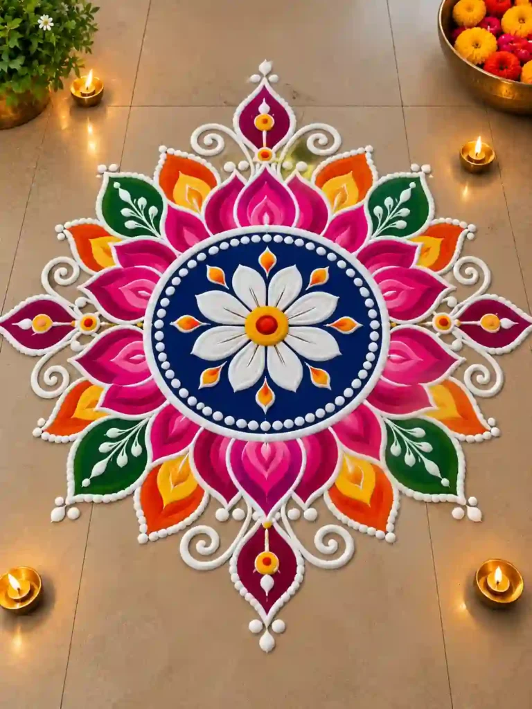 Festive Floral Rangoli with Diyas1