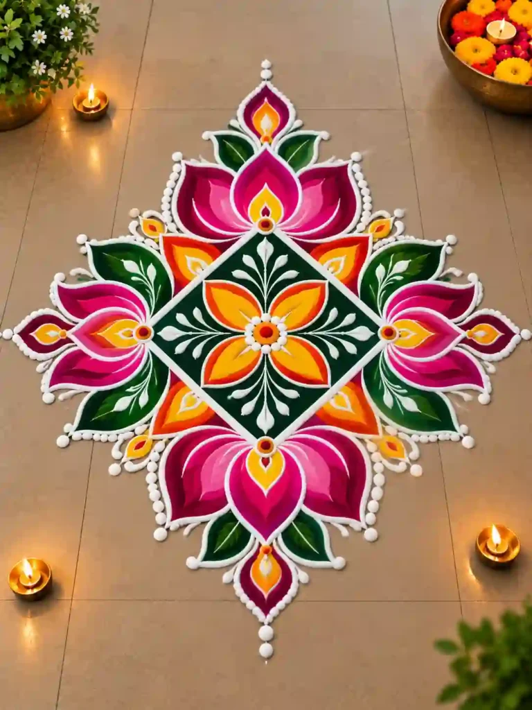 Colorful Diya Rangoli Designs For Navratri 2026