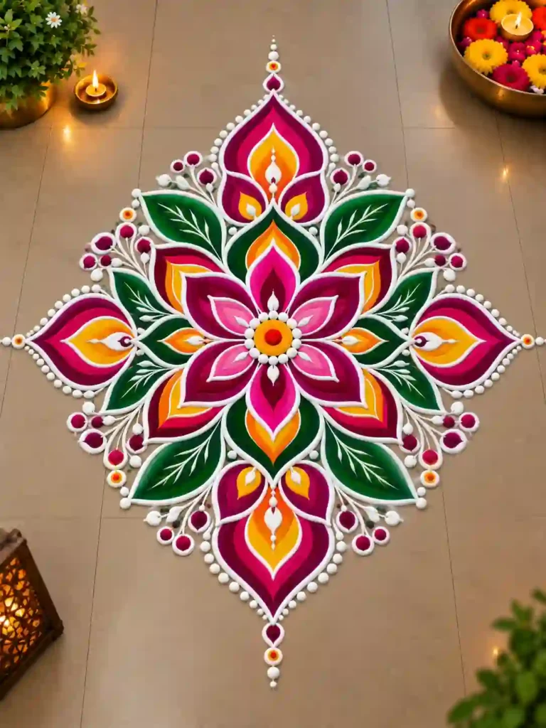 Festive Lotus Rangoli with Diyas1