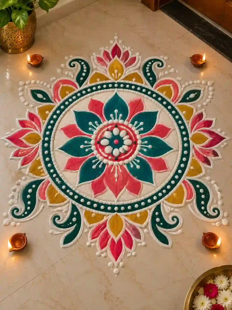 Festive Rangoli with Glowing Diyas