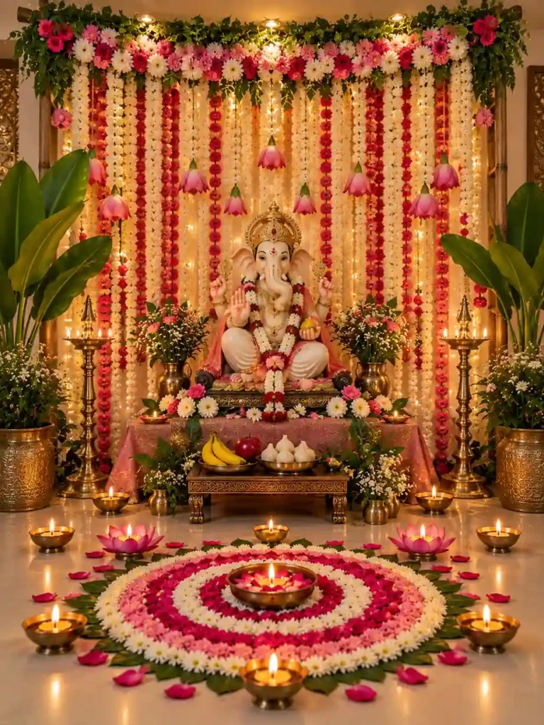 Ganesh Chaturthi Decoration Ideas 2026: घर पर ऐसे सजाएं Ganpati Mandap 10 Beautiful Ganesh Chaturthi decoration ideas with flowers, diyas and rangoli at home