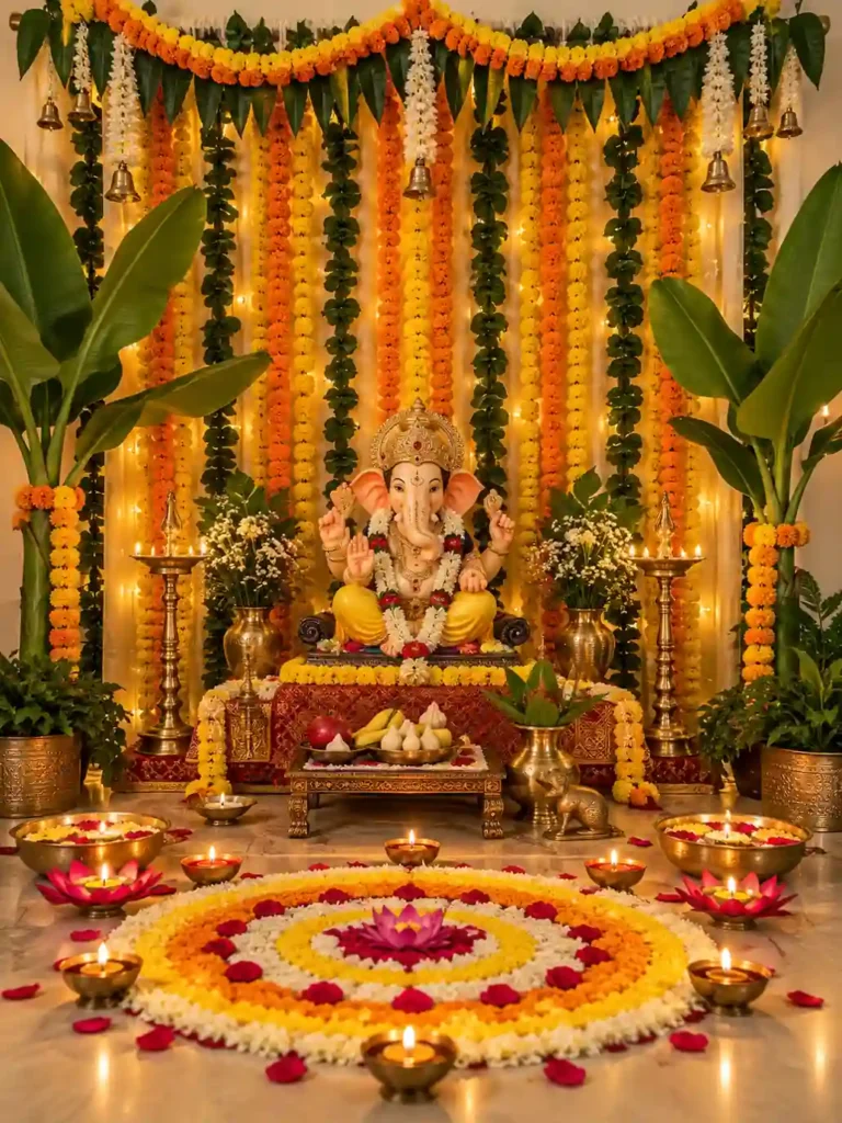 Ganesh Chaturthi Decoration Ideas 2026: घर पर ऐसे सजाएं Ganpati Mandap 5 Beautiful Ganesh Chaturthi decoration ideas with flowers, diyas and rangoli at home