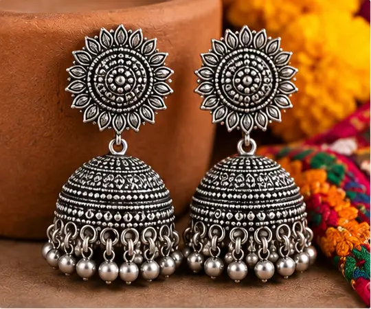 Beautiful Floral Oxidised Jhumka Earrings Design