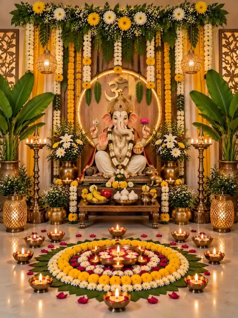 Ganesh Chaturthi Decoration Ideas 2026: घर पर ऐसे सजाएं Ganpati Mandap 15 Beautiful Ganesh Chaturthi decoration ideas with flowers, diyas and rangoli at home