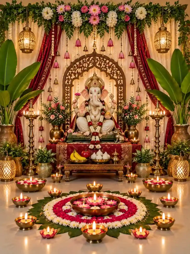 Ganesh Chaturthi Decoration Ideas 2026: घर पर ऐसे सजाएं Ganpati Mandap 14 Beautiful Ganesh Chaturthi decoration ideas with flowers, diyas and rangoli at home