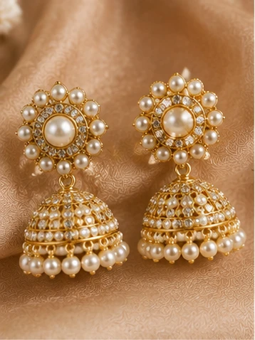 latest pearl earrings designs for women including pearl jhumkas, drop earrings, hoops and floral styles