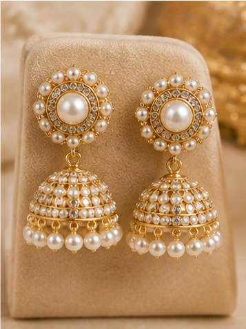 latest pearl earrings designs for women including pearl jhumkas, drop earrings, hoops and floral styles