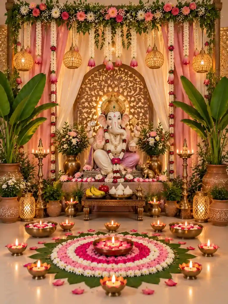 Ganesh Chaturthi Decoration Ideas 2026: घर पर ऐसे सजाएं Ganpati Mandap 11 Beautiful Ganesh Chaturthi decoration ideas with flowers, diyas and rangoli at home
