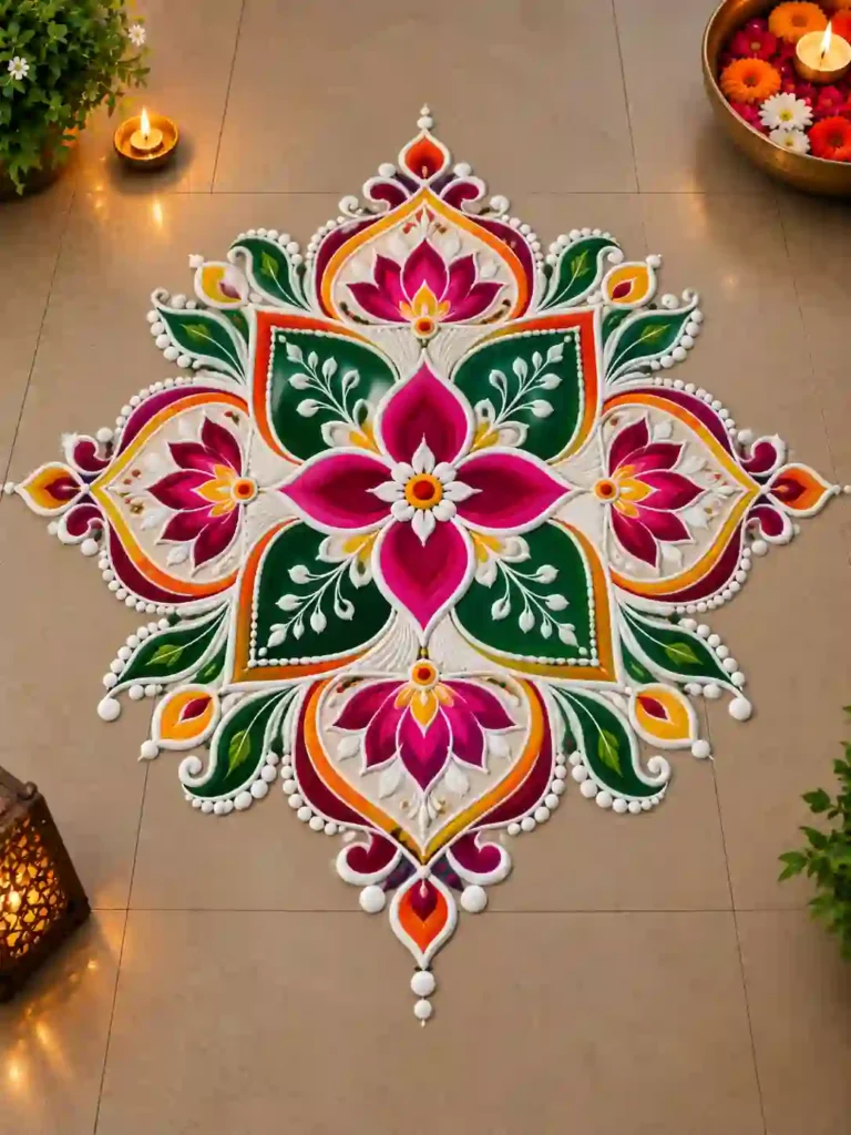 Vibrant Diwali Lotus Rangoli with Diyas