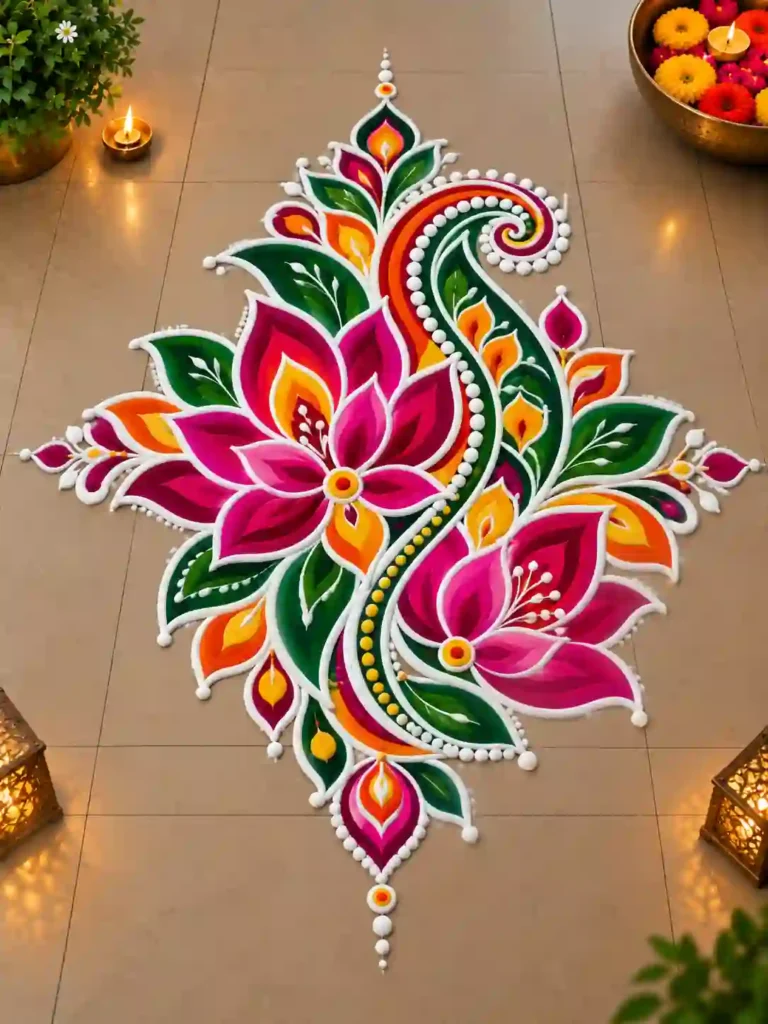 Vibrant Paisley Lotus Rangoli with Diyas