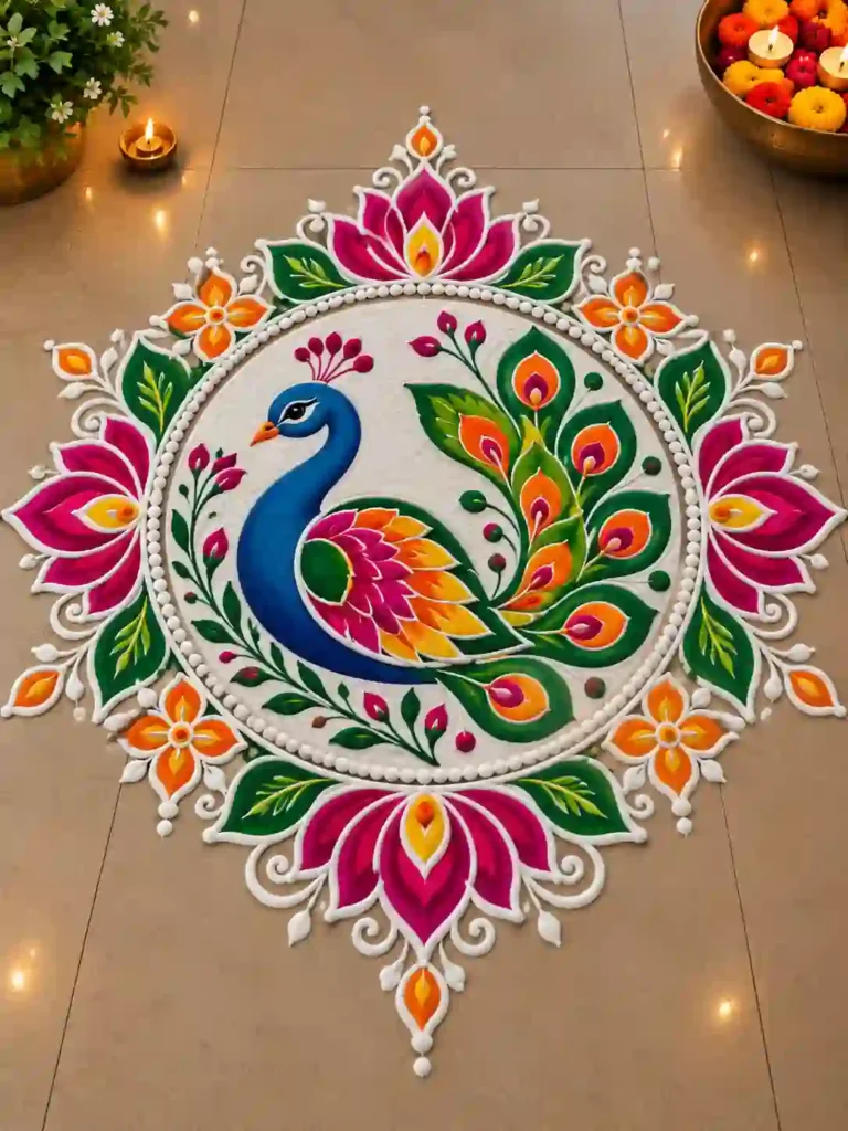 Vibrant Peacock Rangoli with Diyas