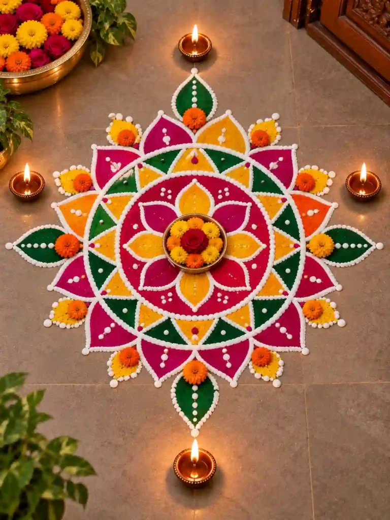 Navratri Rangoli Designs 2026: नवरात्रि के लिए बनाएं ये खूबसूरत रंगोली 10 Colorful Floral Rangoli Design