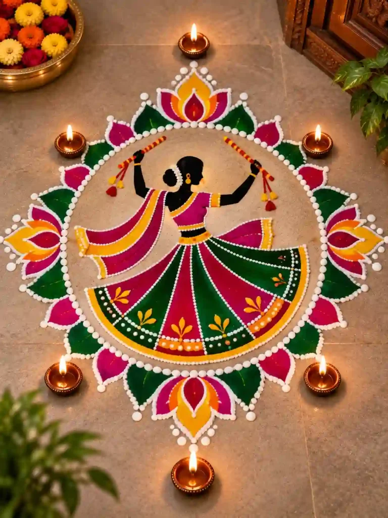 Navratri Rangoli Designs 2026: नवरात्रि के लिए बनाएं ये खूबसूरत रंगोली 5 Dandiya Girl Rangoli