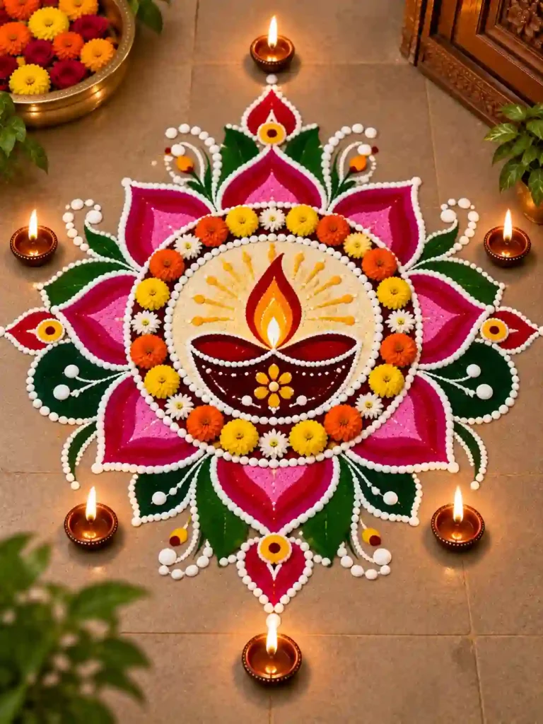 Navratri Rangoli Designs 2026: नवरात्रि के लिए बनाएं ये खूबसूरत रंगोली 7 Diya and Lotus Rangoli