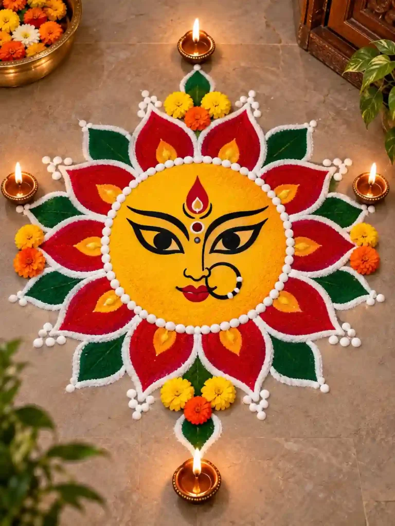 Navratri Rangoli Designs 2026: नवरात्रि के लिए बनाएं ये खूबसूरत रंगोली 6 Maa Durga Face Rangoli Design
