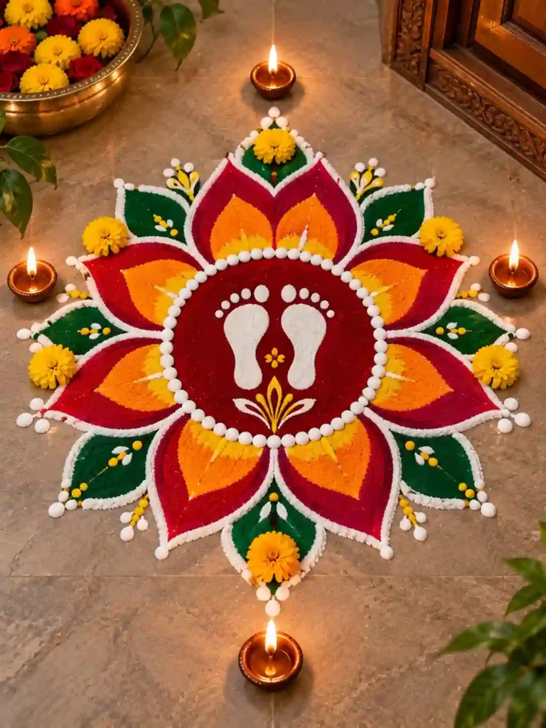 Navratri Rangoli Designs 2026: नवरात्रि के लिए बनाएं ये खूबसूरत रंगोली 11 Mata Rani Charan Rangoli Designs