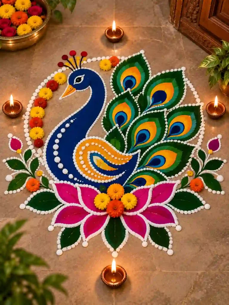 Navratri Rangoli Designs 2026: नवरात्रि के लिए बनाएं ये खूबसूरत रंगोली 9 Peacock Rangoli Design 2026